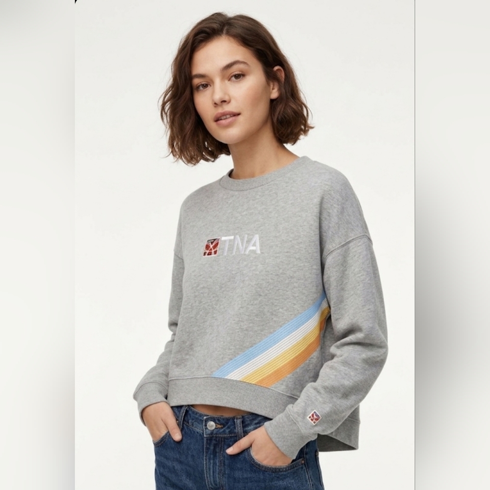 ✨ TNA Aritzia Grey 1984 Rainbow Stripe Crewneck Sweatshirt | Size XS